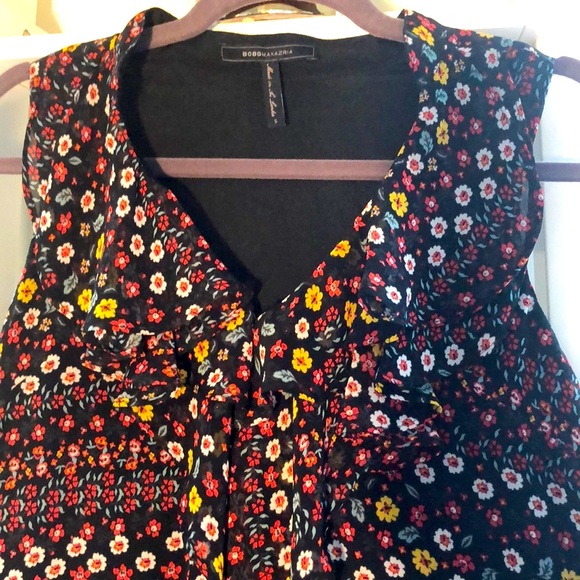 BCBGMAXAZRIA Black Floral Print Ruffled Front Sleeveless Shift Dress - Picture 4 of 8